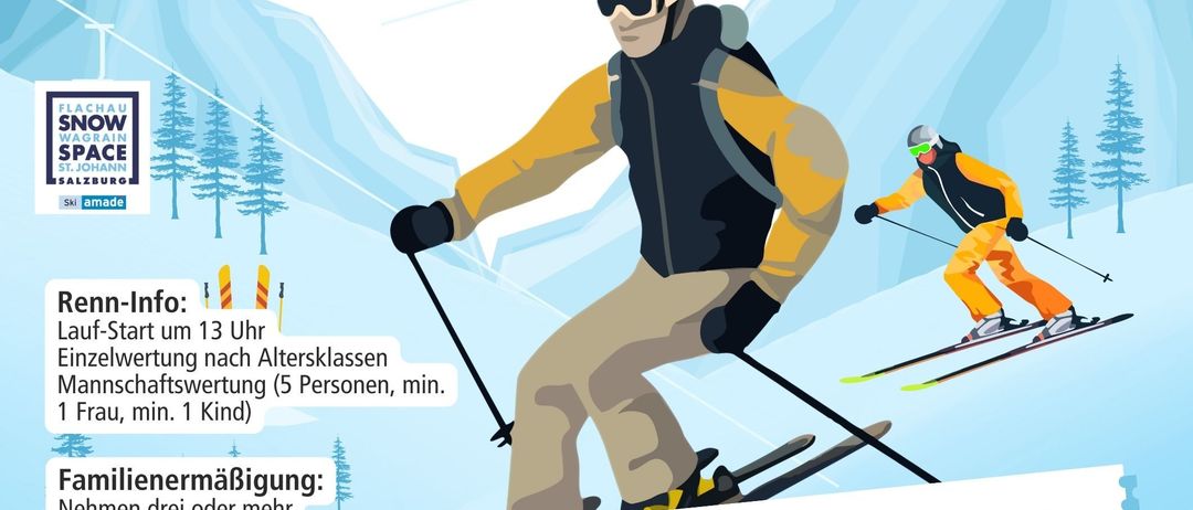 Plakat für die Skiveranstaltung Snow Space Flachau mit zwei Skifahrern. Details zur Veranstaltung umfassen Startzeit, Altersanforderungen, Familienrabatte und Kosten.