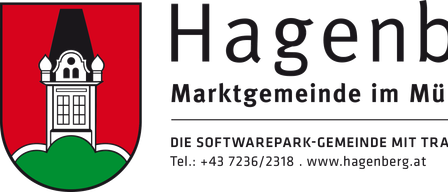 Ein schwarzer Hintergrund zeigt weißen Text, der 'agen' liest. Darunter steht 'ortsgemeinde im'. Darunter steht 'OFTWAREPARK-GEMEINE M' und '43 7236/2318'. Unten ist eine URL 'www.hagenbe'.