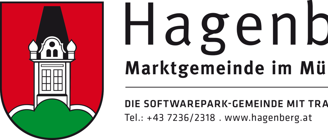 Ein schwarzer Hintergrund zeigt weißen Text, der 'agen' liest. Darunter steht 'ortsgemeinde im'. Darunter steht 'OFTWAREPARK-GEMEINE M' und '43 7236/2318'. Unten ist eine URL 'www.hagenbe'.