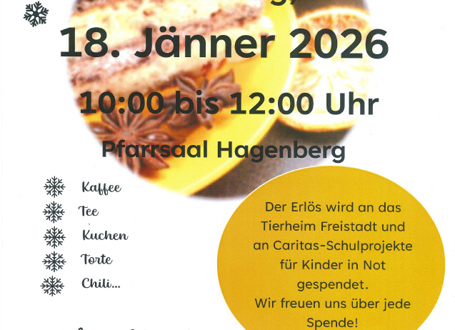 Ein Veranstaltungsposter für einen Bauernkaffee am 18. Januar 2026 von 10:00 bis 12:00 Uhr im Pfarrsaal Hagenberg. Es bietet Speisen, Getränke und eine Spende für Tierheime und Kinder in Not.
