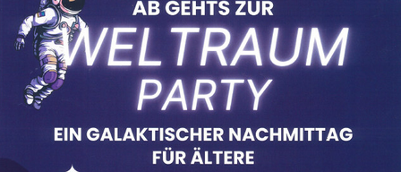Poster für eine Weltraum-Party am 5. Februar 2026 mit einem Astronauten und einer Rakete. Die Veranstaltung beginnt um 14:00 Uhr im Pfarrsaal Hagenberg. Der Eintritt ist freiwillig.
