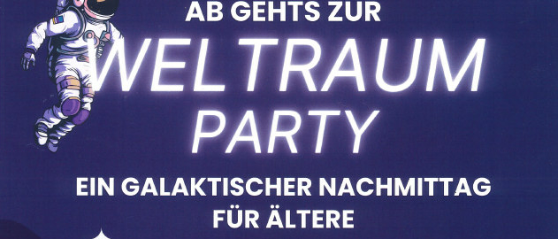 Poster für eine Weltraum-Party am 5. Februar 2026 mit einem Astronauten und einer Rakete. Die Veranstaltung beginnt um 14:00 Uhr im Pfarrsaal Hagenberg. Der Eintritt ist freiwillig.