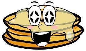 Ein Stapel Pfannkuchen mit einem Gesicht, zwei Augen und einem Mund, mit Sirup, der heruntertropft.