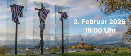 Plakat für die Mühlviertler Menschenjagd. Es zeigt drei Glaskreuze vor einer malerischen Kulisse, mit Text in Deutsch, der das Datum und die Uhrzeit der Veranstaltung, 2. Februar 2026, um 19:00 Uhr, angibt.