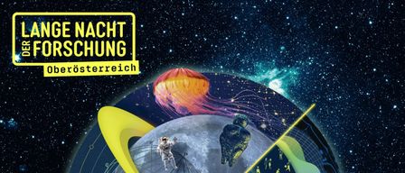Plakat zur Werbung für die 'Hagenberg forscht!' Veranstaltung am 24.04.2026. Illustration zeigt Erde, Mond, Satellit, Astronaut, DNA, Mikroorganismen und einen QR-Code.