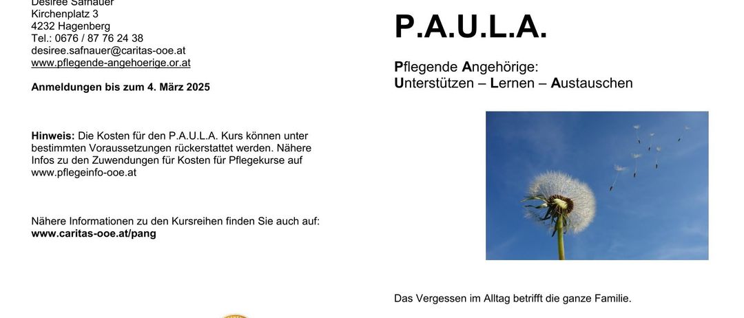 Das Bild zeigt eine Ankündigung für den P.A.U.L.A. Kurs, der Unterstützung, Lernen und Austausch anbietet. Es enthält Kontaktdaten und eine Website für weitere Informationen. Der Flyer betont die Bedeutung, die ganze Familie nicht zu vergessen, und hebt die Kursreihe für von Demenz betroffene Pflegende hervor.
