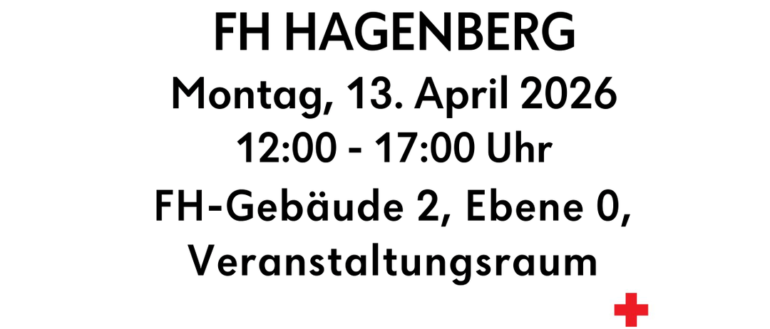 Eine Anzeige für eine Blutspende-Veranstaltung in Hagenberg am 13. April 2026 von 12:00 bis 17:00 Uhr. Die Veranstaltung wird vom Roten Kreuz organisiert.