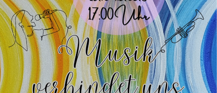 A colorful poster for a benefit concert on April 12, 2026, featuring pop and swing music. It includes illustrations of a vocalist and a trumpet player, and the text reads 'Music Connects Us.'