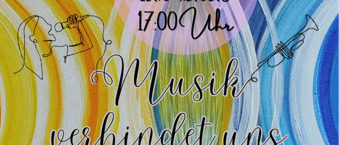 Ein buntes Plakat für ein Benefizkonzert am 12. April 2026 mit Pop- und Swing-Musik. Es zeigt Illustrationen einer Sängerin und eines Trompeters, und der Text lautet 'Musik verbindet uns.'