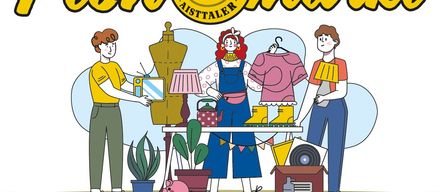 Ein Plakat für den Aistaler Fischmarkt-Event in Pregarten, Österreich. Es zeigt drei Personen vor einem Tisch mit verschiedenen zum Verkauf stehenden Artikeln. Das Datum ist 1. Mai 2026, von 7 Uhr bis 12 Uhr.