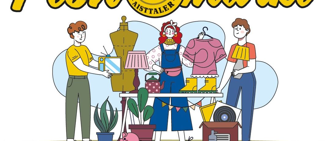 Ein Plakat für den Aistaler Fischmarkt-Event in Pregarten, Österreich. Es zeigt drei Personen vor einem Tisch mit verschiedenen zum Verkauf stehenden Artikeln. Das Datum ist 1. Mai 2026, von 7 Uhr bis 12 Uhr.