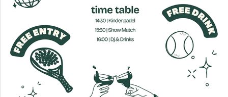 Plakat für die Eröffnung des Padel Spots am 8. August 2026. Es enthält einen Zeitplan mit Aktivitäten wie Kinder-Padel, Show-Match, DJ und Getränke. Die Veranstaltung beginnt um 14:30 Uhr in der Hauptstraße 104A, 4232 Hagenberg.