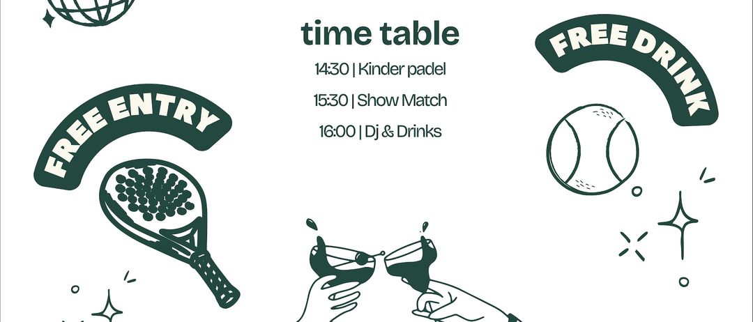Plakat für die Eröffnung des Padel Spots am 8. August 2026. Es enthält einen Zeitplan mit Aktivitäten wie Kinder-Padel, Show-Match, DJ und Getränke. Die Veranstaltung beginnt um 14:30 Uhr in der Hauptstraße 104A, 4232 Hagenberg.