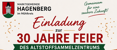 Plakat zur 30-Jahr-Feier des Materialrecyclingzentrums in Hagenberg, mit einer Gruppe von Personen in orangefarbenen Uniformen und einem Gebäude im Hintergrund. Die Veranstaltung ist für den 18. September 2026 von 10 bis 14 Uhr geplant.