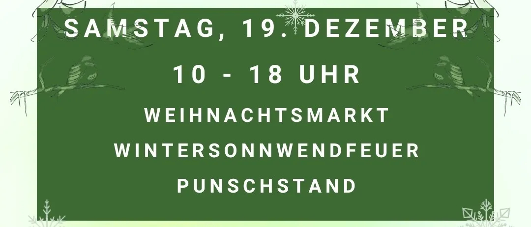 Werbeplakat für einen Weihnachtsmarkt im Kernlandhof am 19. Dezember mit einem festlichen roten Ball, Schneeflocken und grünem Hintergrund. Es enthält Details zur Veranstaltungszeit, Aktivitäten und Kontaktinformationen.