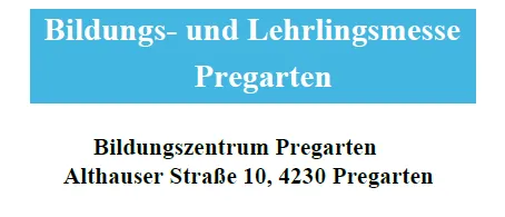 Plakat für die Bildungs- und Lehrlingsmesse Pregarten mit einem modernen Gebäude, einem Baum und einem Auto im Hintergrund. Die Veranstaltung ist für den 16. und 17. Oktober 2026 geplant.