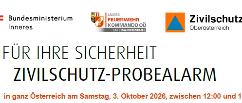 Eine weiße Seite mit blauem und rotem Text und Logos. Der Text lautet 'Für Ihre Sicherheit Zivilschutz-Probealarm' und die Logos umfassen eine Krone, einen Schild und ein Dreieck.