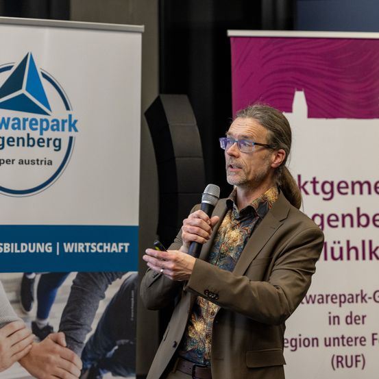 Ein Mann in einem braunen Anzug und Brille spricht in ein Mikrofon bei einer Veranstaltung. Plakate für Warepark Gennberg und Wirtschaftsbildung Wirtschafts sind hinter ihm sichtbar.