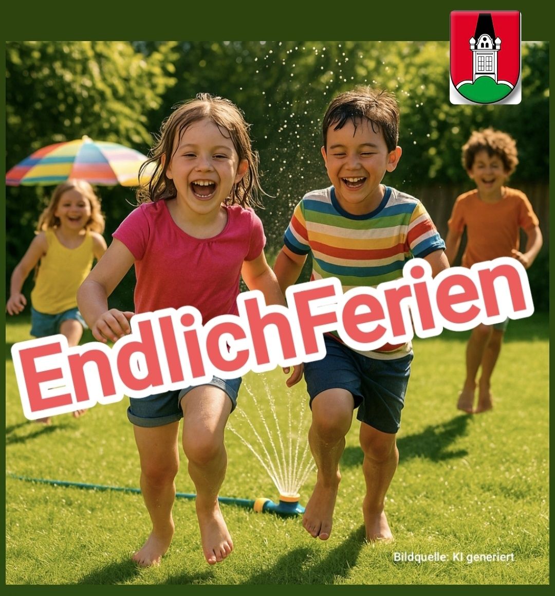 Eine Gruppe von Kindern spielt auf dem Rasen mit einem Wassersprudler. Die Worte 'Endlich Ferien' sind prominent angezeigt.