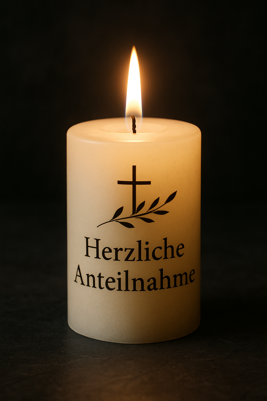 Eine entzündete weiße Kerze mit Kreuz- und Lorbeerkranz-Design, das die Worte 'Herzliche Anteilnahme' auf einem dunklen Hintergrund zeigt.
