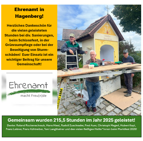 Bild von drei Männern, die eine kleine Kapelle reparieren, gelber Text 'Ehrenamt in Hagenberg!' und 'Gemeinsam wurden 215,5 Stunden im Jahr 2025 geleistet!' Liste von Namen darunter.