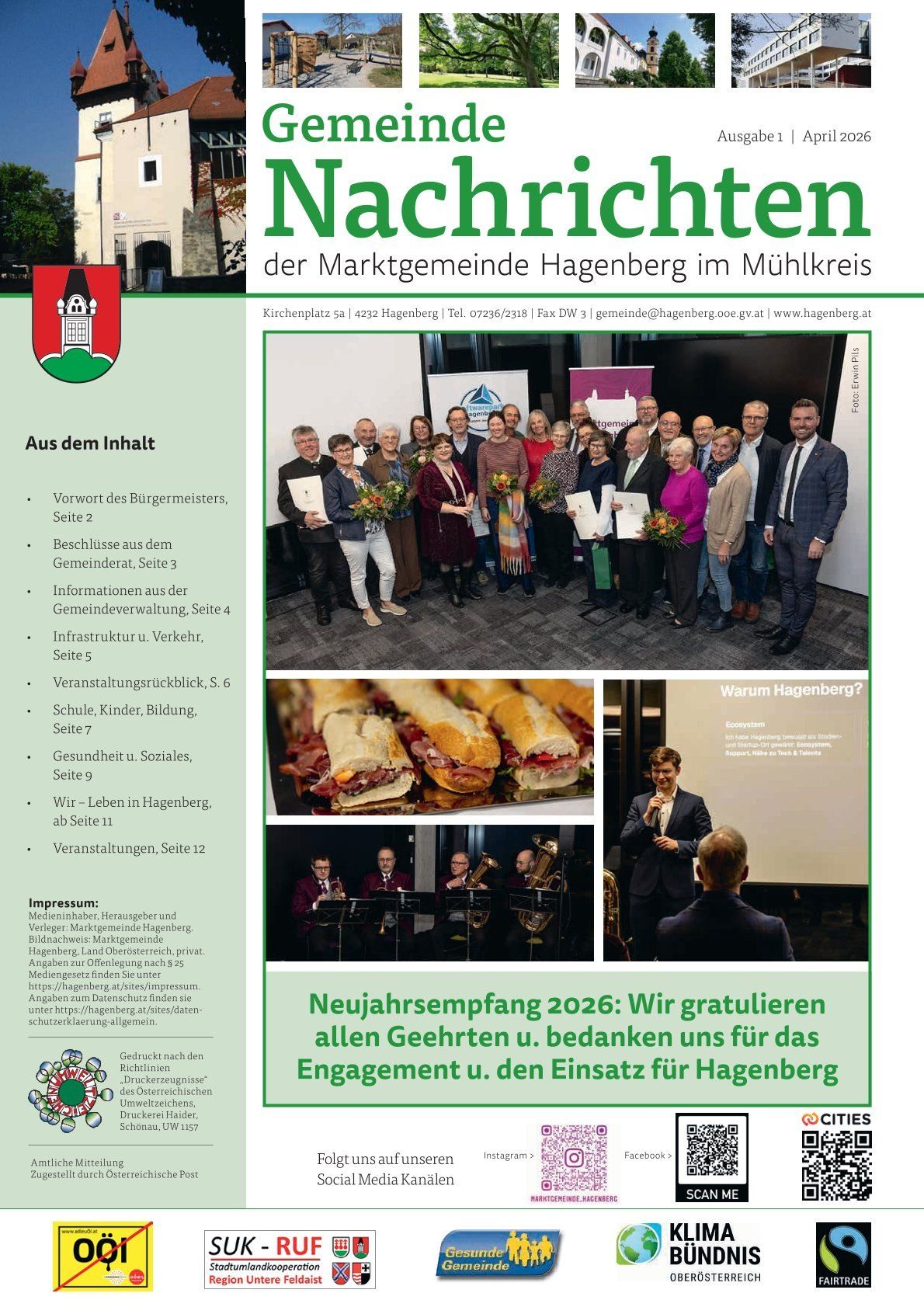 Newsletter of the Market Municipality Hagenberg im Mühlkreis. It includes the mayor's address, community council decisions, administration information, infrastructure, events, and more. It also features a collage of photos showing a group receiving awards, a sandwich, and a man speaking at a podium.