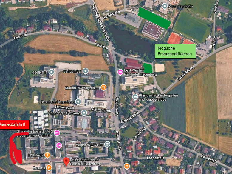 An aerial view of Hagenberg, featuring various buildings, a main road, and a possible replacement parking area. The map highlights key locations like the student dormitory and the park hotel.