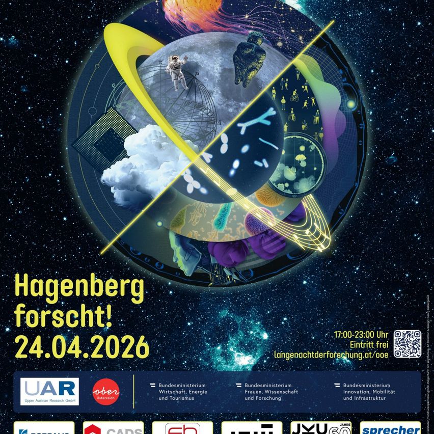 Hagenberg Forschungsveranstaltung am 24.04.2026. Darstellung von Raum, Zeit, Biologie und Technologie mit Mond und Astronauten. Freier Eintritt. QR-Code für die Registrierung.