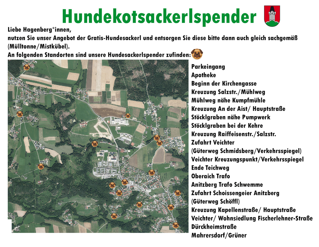 Map showing locations of dog poop bag dispensers in a town. Various locations are marked with descriptions in German.