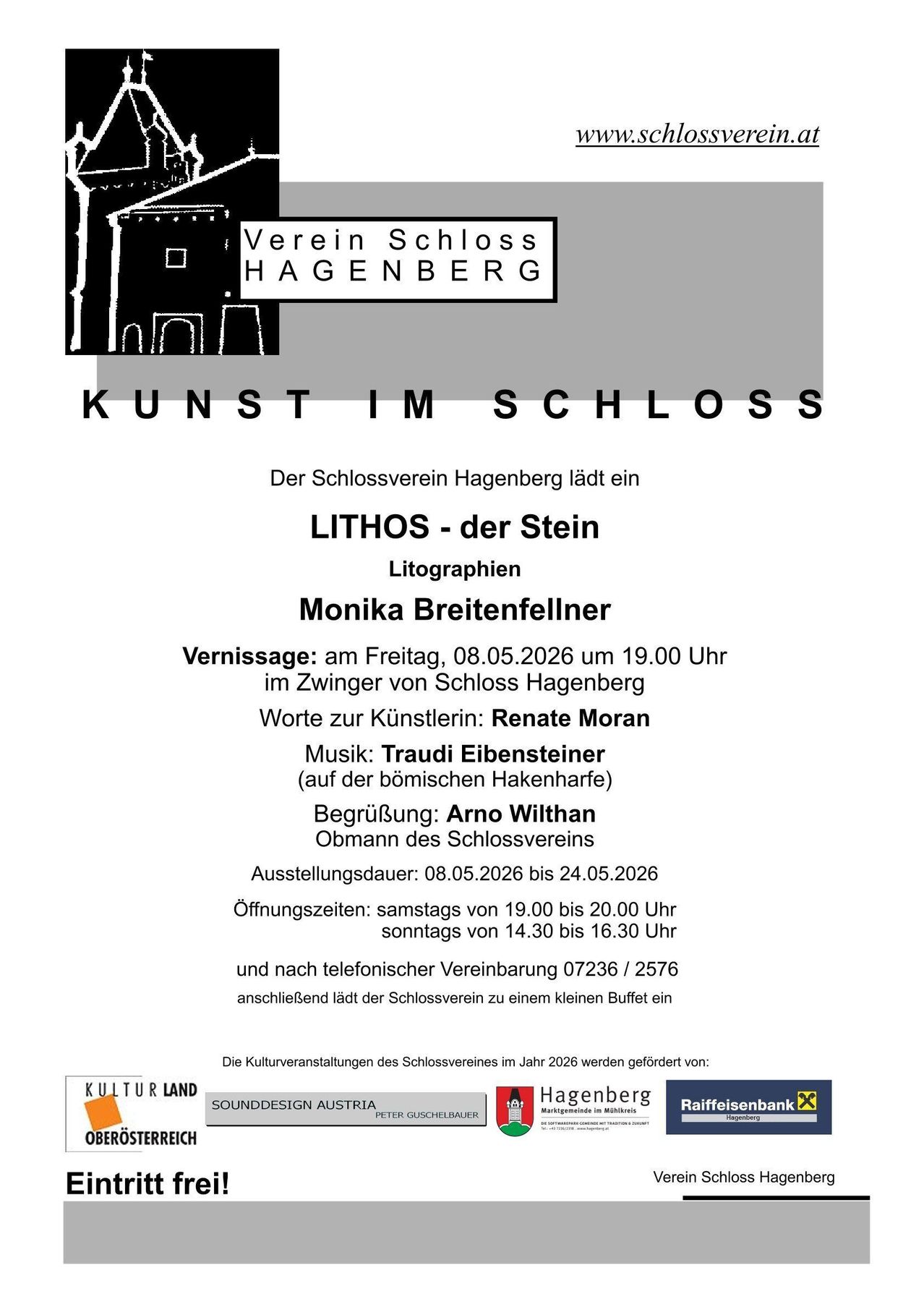 Poster for Lithography exhibition 'LITHOS - the Stone' by Monika Breitenfellner, hosted by the Schlossverein Hagenberg. Opening on May 8, 2026, at 19:00 in the Zwinger of Schloss Hagenberg. Music by Traudi Eisensteiner. Exhibition until May 24, 2026. Opening hours: Sat 19:00-20:00, Sun 14:30-16:30.