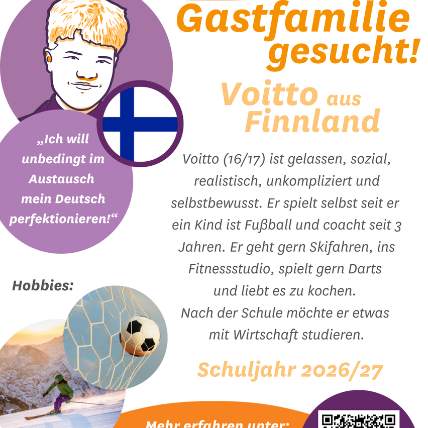 Voitto aus Finnland, 16/17 Jahre alt, spielt seit seiner Kindheit Fußball und trainiert. Er genießt Skifahren, Fitness, Darts und Kochen. Nach der Schule möchte er Wirtschaft studieren.