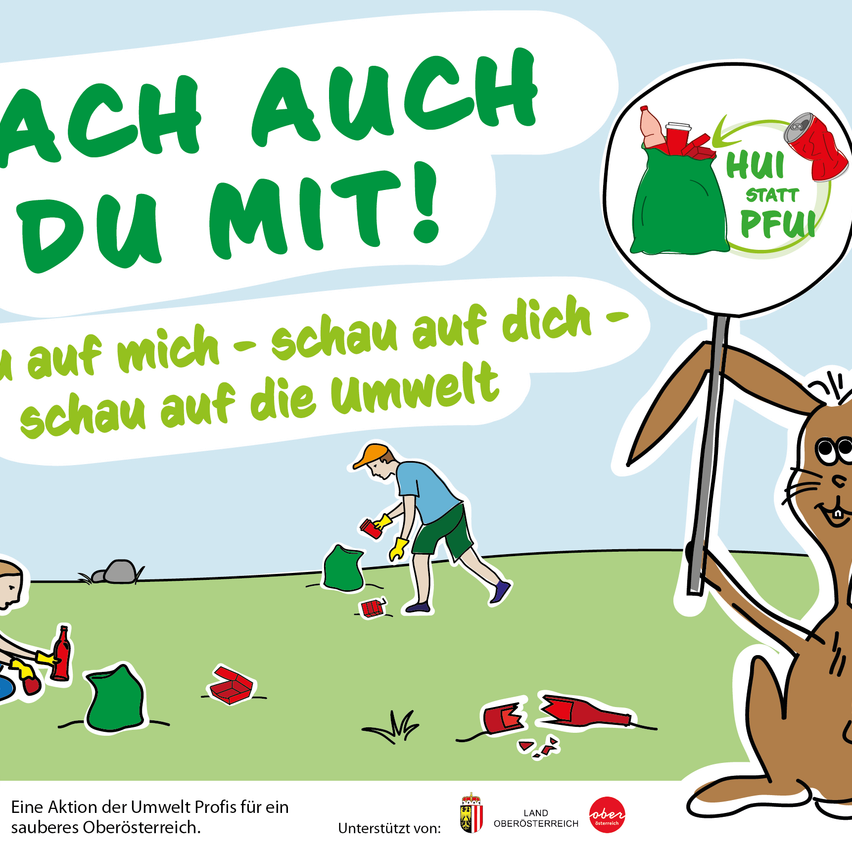 Eine Illustration zeigt einen Hasen, der ein Schild hält, und Menschen, die Müll aufsammeln. Ein Mann und eine Frau sind beim Saubermachen der Umwelt zu sehen.