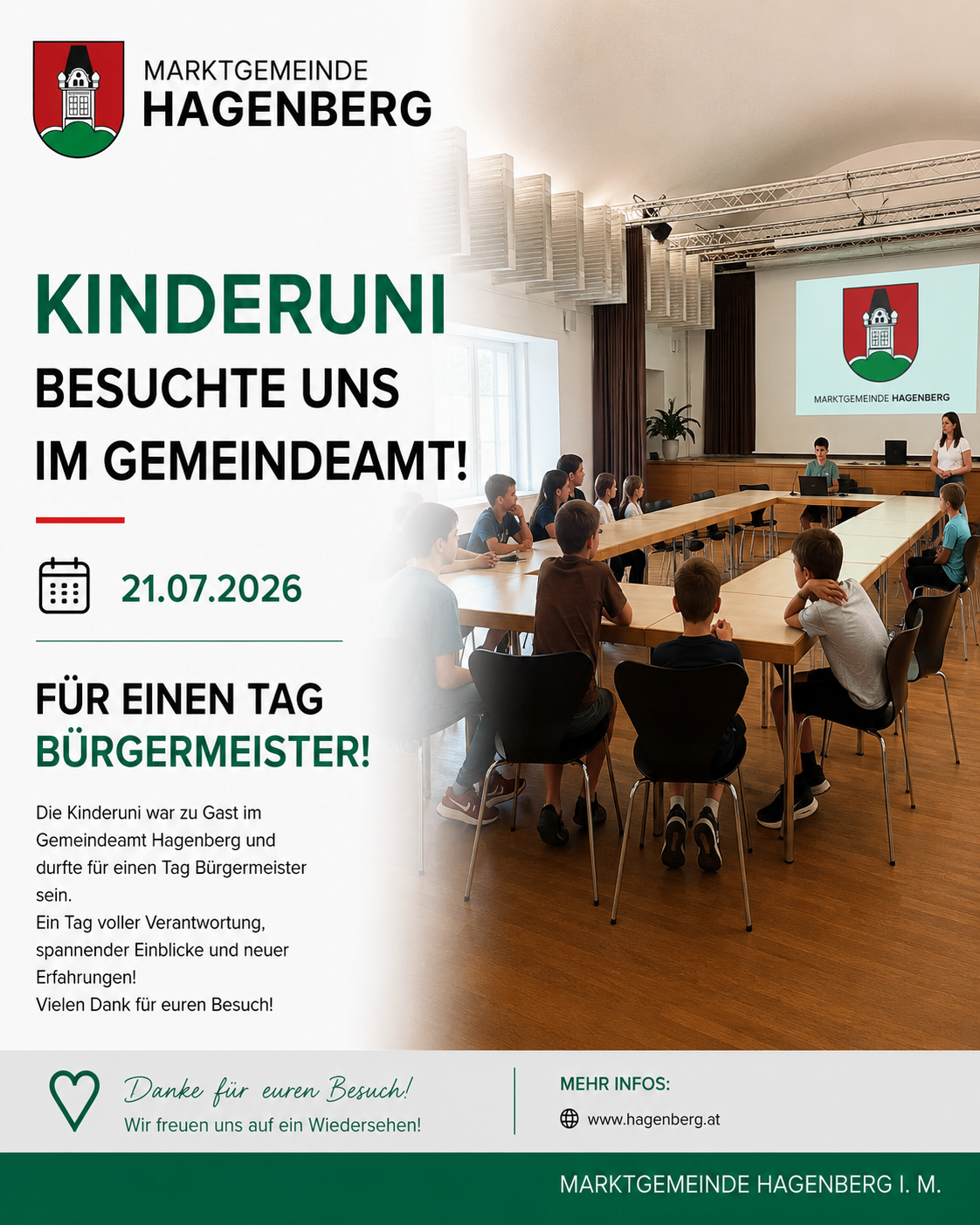 Plakat für Kinderuni-Veranstaltung in Hagenberg, zeigt Kinder in einem Klassenzimmer mit einer Präsentation auf einer Projektionsleinwand. Datum: 21.07.2026.