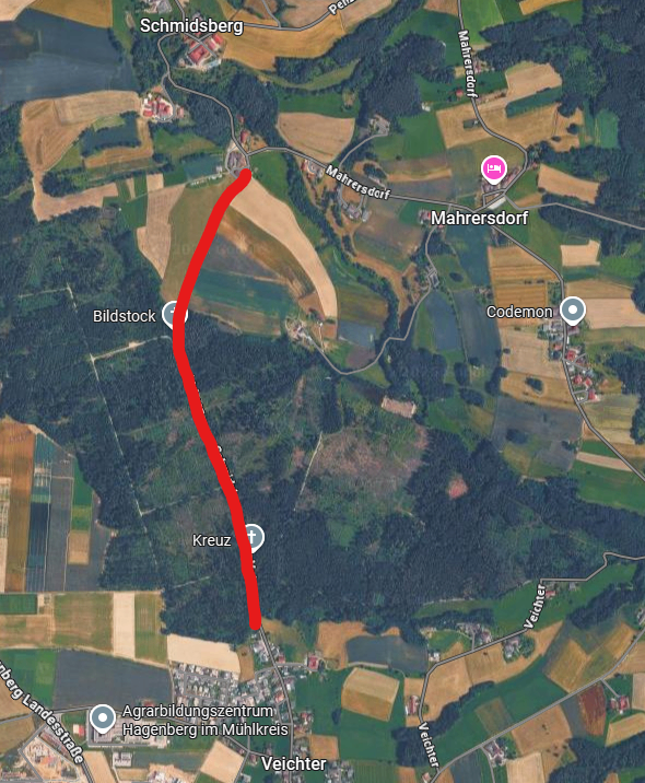 Eine Karte, die eine Route von Bildstock nach Kreuz zeigt, die durch Mahersdorf und Veichter führt. Die Route ist mit einer roten Linie markiert.