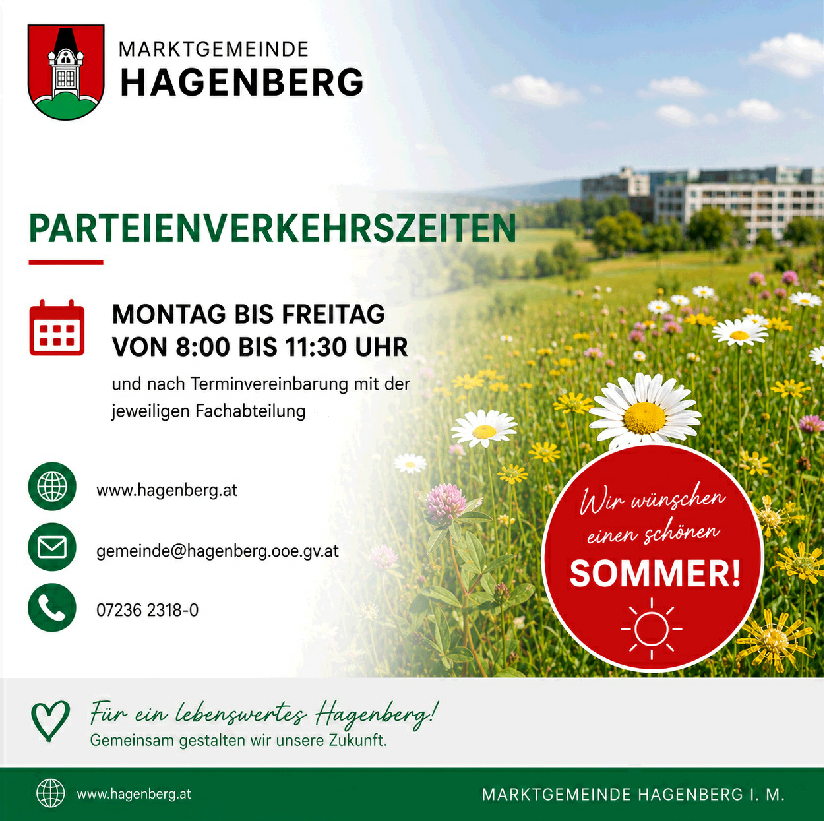 Ein Plakat, das die Partyverkehrszeiten für die Marktgemeinde Hagenberg bewirbt, mit einem Blumenfeld und einer strahlenden Sonne, Text auf Deutsch und Englisch.