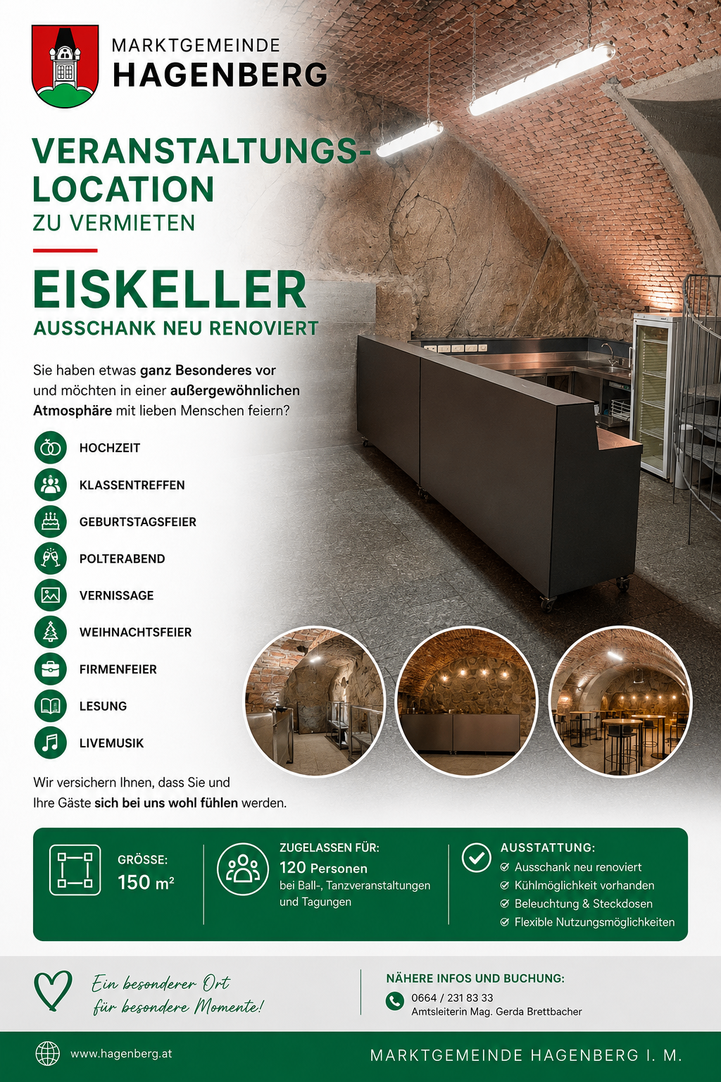 Eine Werbung für den Eiskeller, ein neu renovierter Keller mit einer Ziegelsteinwand, der sich für Veranstaltungen wie Hochzeiten, Klassentreffen und Firmenfeiern eignet. Es zeigt einen Tresen, einen Kühlschrank und eine Wendeltreppe. Die Anzeige verspricht ein angenehmes Erlebnis für die Gäste.
