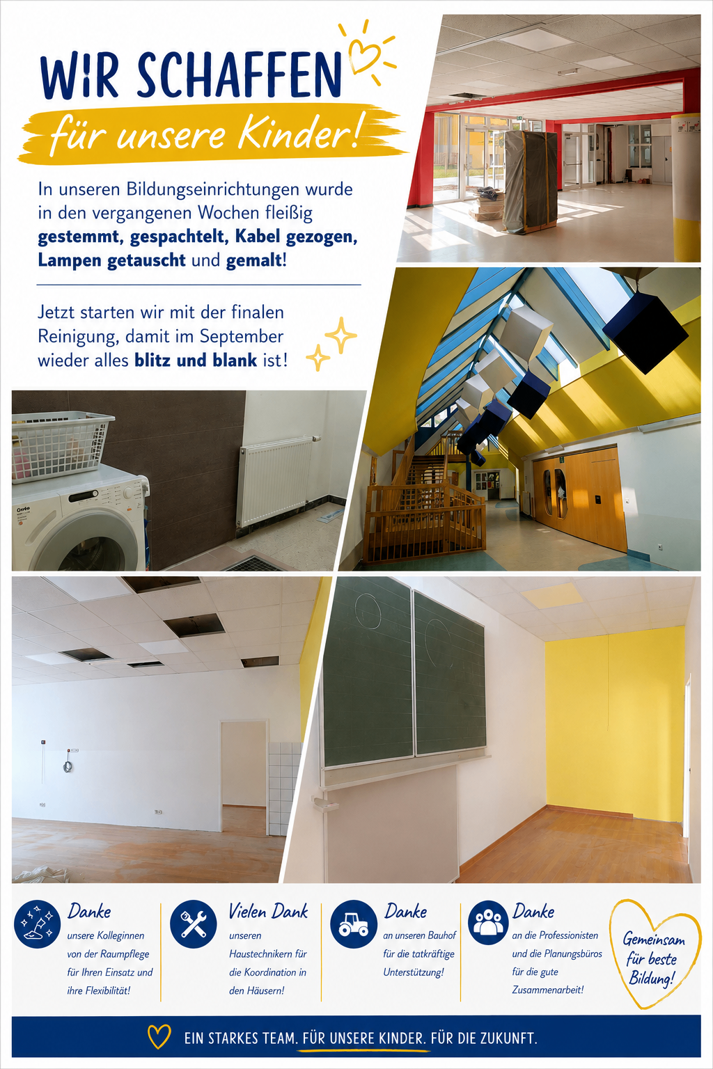Eine Collage von Bildern, die verschiedene Renovierungsphasen in einem Gebäude zeigen. Das erste Bild zeigt eine Waschmaschine, das zweite einen Raum mit einem Heizkörper und einer Tür, das dritte eine Decke mit hängenden Boxen und das vierte ein Klassenzimmer mit einer gelben Wand.