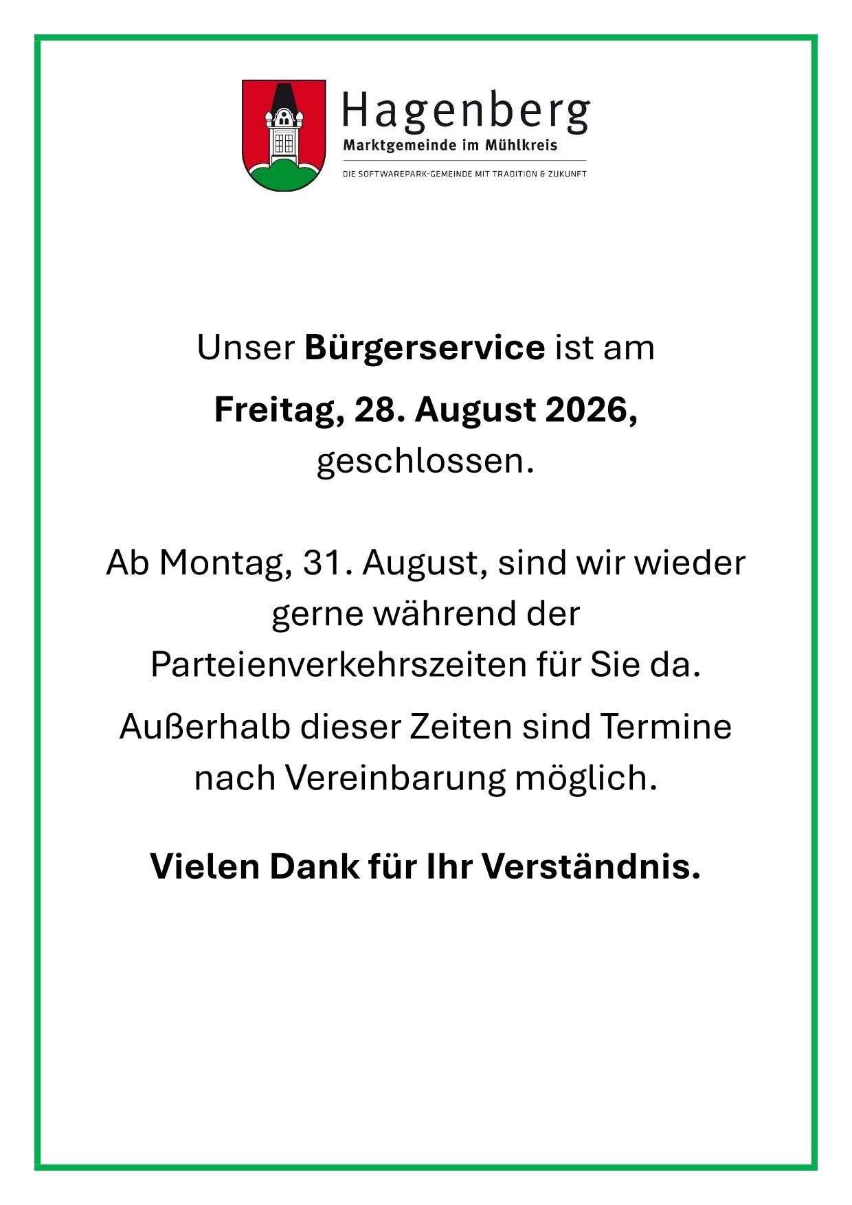 Ein Hinweis teilt mit, dass der Burgerservice am Freitag, 28. August 2026, geschlossen ist, aber am Montag, 31. August, während der Partyverkehrszeiten wieder geöffnet hat. Außerhalb dieser Zeiten sind Termine nach Vereinbarung möglich. Vielen Dank für Ihr Verständnis.