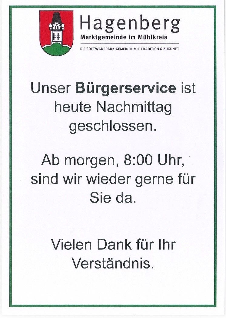 Ein Hinweis in deutscher Sprache teilt mit, dass der Bürgerservice heute Nacht geschlossen ist und morgen um 8:00 Uhr wieder öffnet. Es dankt für das Verständnis.