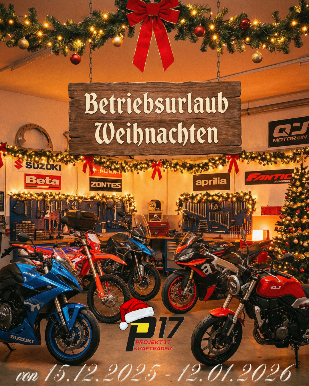 A garage filled with motorcycles, each uniquely decorated, hangs a sign reading Betriebsurlaub Weihnachten. A Santa hat rests on a red motorcycle. Christmas lights adorn the walls, and a Christmas tree stands nearby.