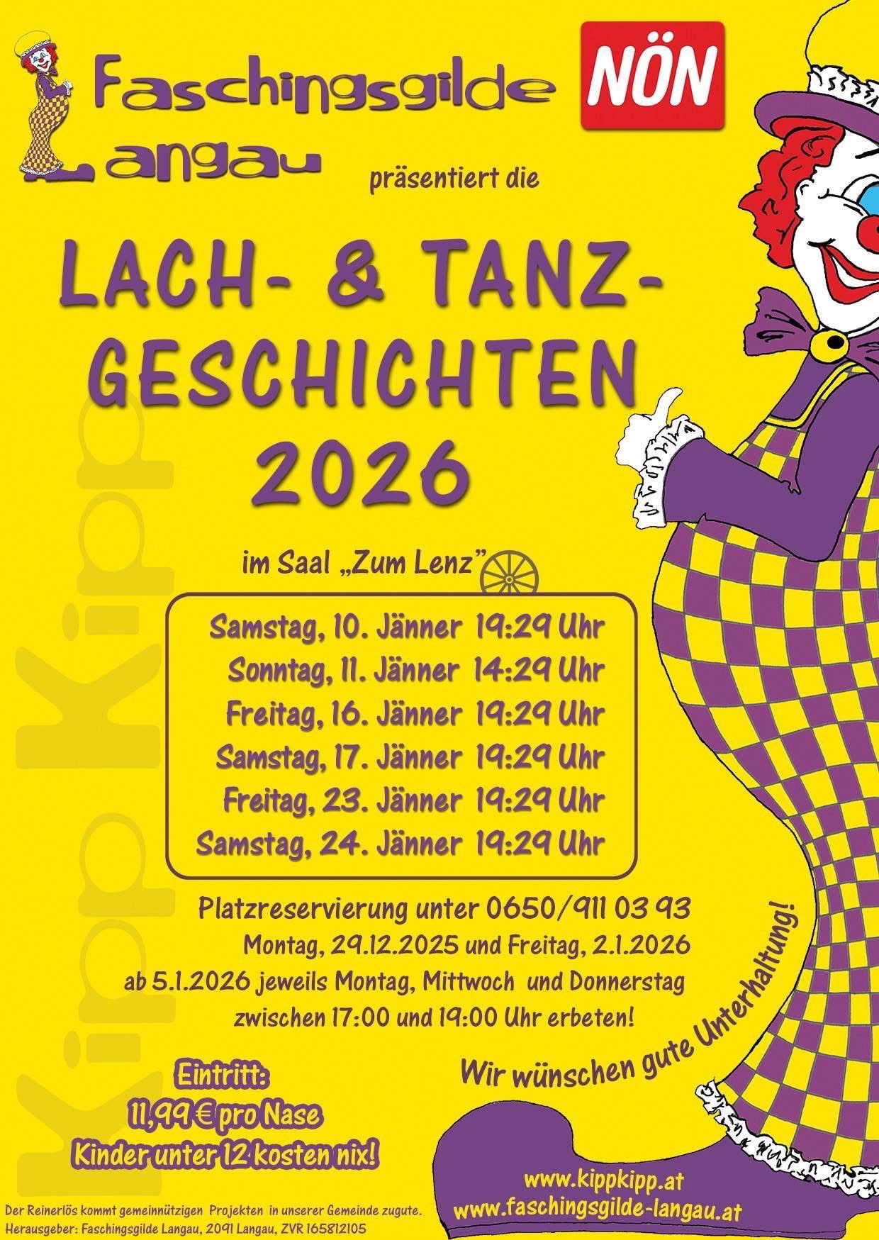 Ein Plakat bewirbt 'Lach- & Tanz-Geschichten 2026' im Saal 'Zum Lenz'. Es listet verschiedene Showzeiten an bestimmten Tagen im Januar 2026 auf. Die Platzreservierung erfolgt über eine Telefonnummer.