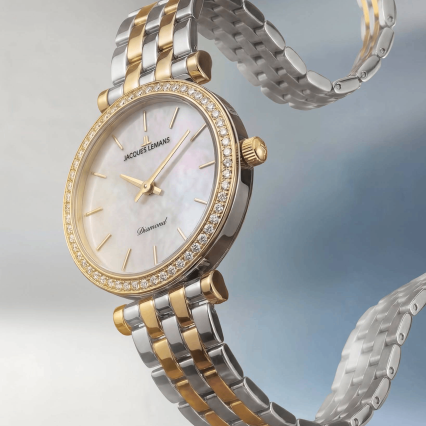 A close-up view of a Jacques Lemans Diamond watch with a white mother-of-pearl dial, gold-tone hands, and a gold-tone bracelet.