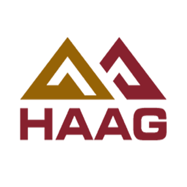 Das HAAG-Logo besteht aus zwei Dreiecken, einem braunen und einem roten, die eine 'A'-Form bilden, über dem Wort 'HAAG' in fetten roten Buchstaben.
