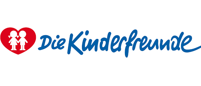 Ein rotes Herz-Logo mit zwei Kindern, die Händchen halten, befindet sich neben dem blauen kursiven Text 'Die Kinderfreunde'.