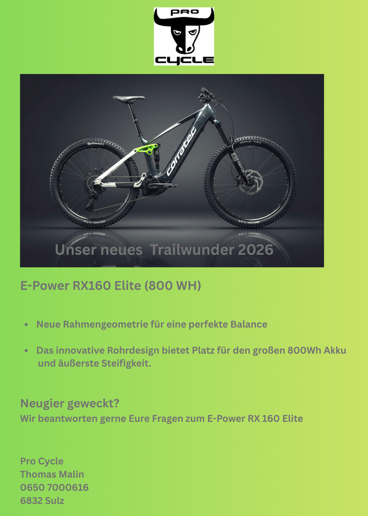 An image of the E-Power RX160 Elite bike, a black mountain bike with green accents, is displayed. It is positioned on a green background with text overlay.