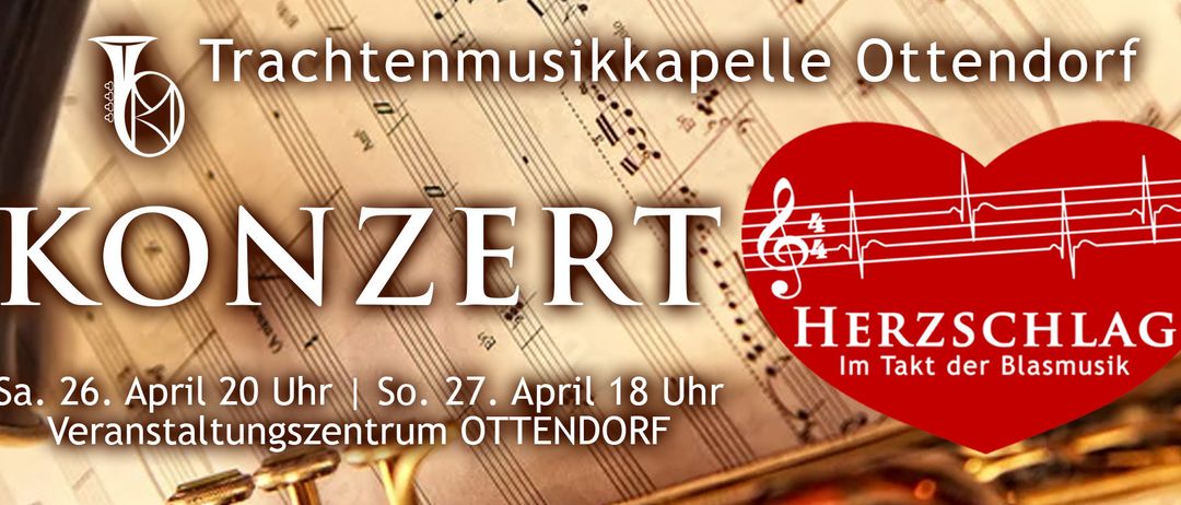 Plakat für eine musikalische Veranstaltung der 'Tennmusikkapelle OTTENDORF' am Samstag, 27. April, um 18 Uhr. Der Text 'ZERT' ist prominent mit Musiknoten dargestellt.