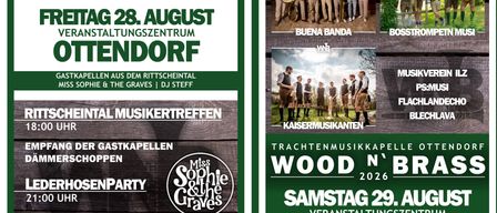 Plakat für ein Musikevent mit Bands und Musikern, mit Fokus auf Brass Bands und traditioneller Musik. Das Event ist für den 28. und 29. August geplant.