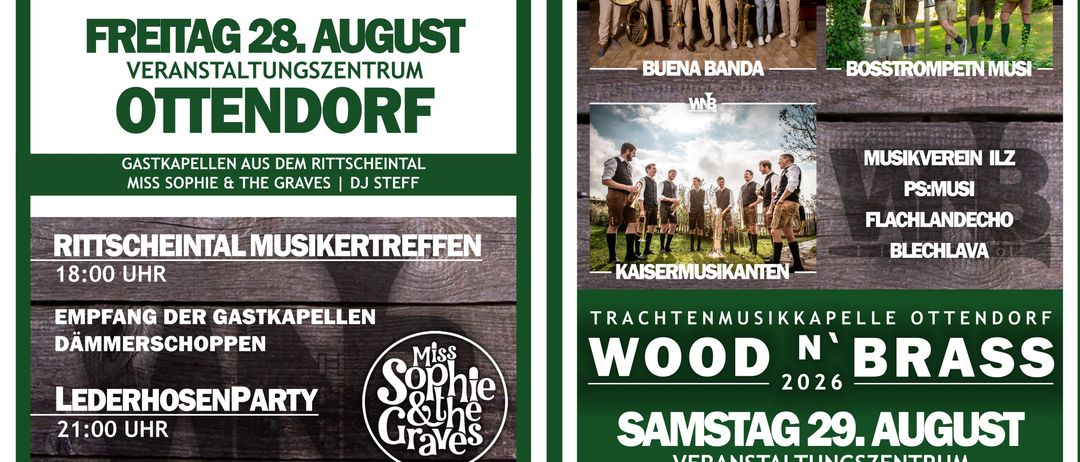 Plakat für ein Musikevent mit Bands und Musikern, mit Fokus auf Brass Bands und traditioneller Musik. Das Event ist für den 28. und 29. August geplant.