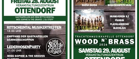 Plakat für ein Musikevent mit Bands wie Buena Banda und Kaisermusikanten. Das Event findet am 28. und 29. August im Veranstaltungszentrum Ottendorf statt. Es umfasst Blaskapellen, Kaisermusikanten und PS:Musi.