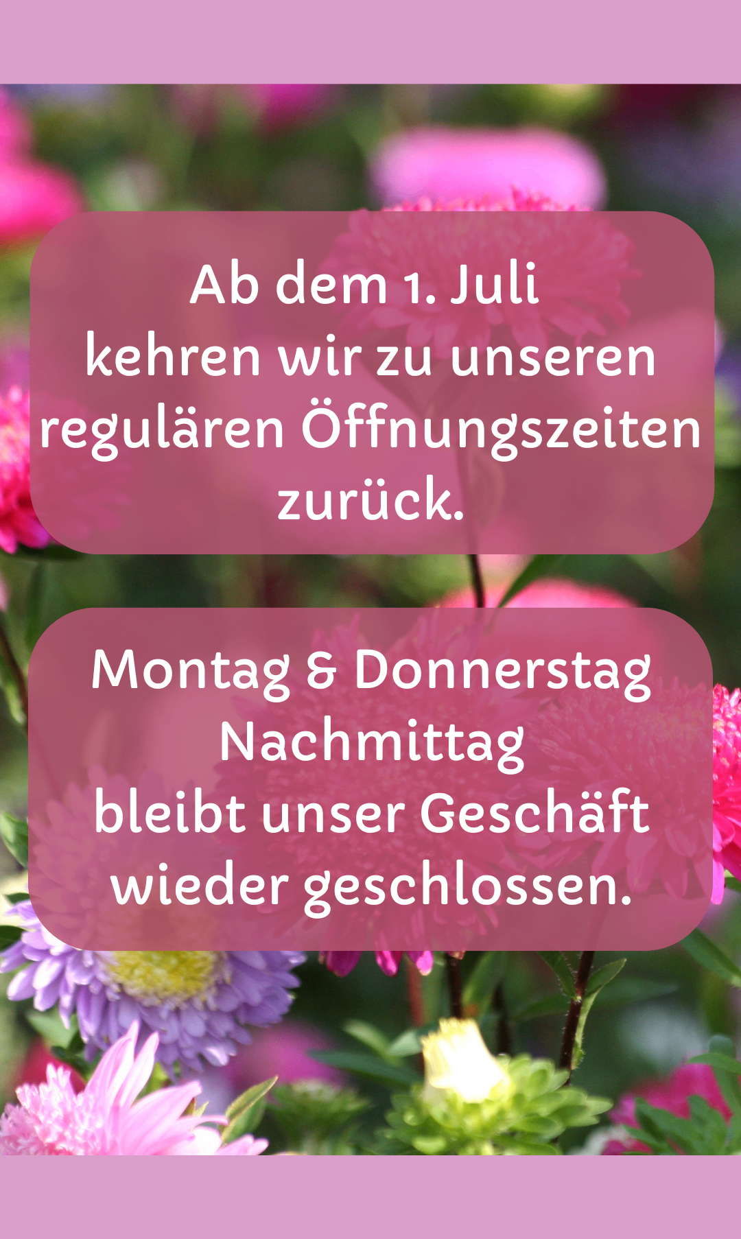 Ab dem 1. Juli kehren wir zu unseren regulären Öffnungszeiten zurück. Montag & Donnerstag Nachmittag bleibt unser Geschäft geschlossen.